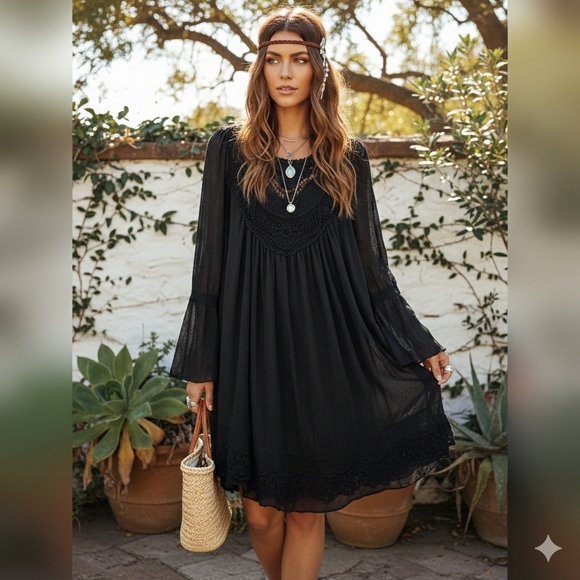 Altar'd State Dresses & Skirts - Altar'd State Black Crochet Lace Bell Sleeve Boho Mini Dress